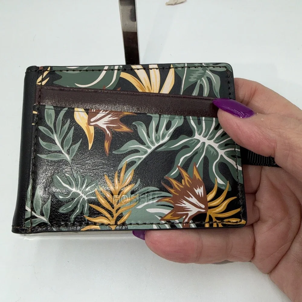 Fossil Mens Leather Bifold Money Clip Wallet Tropical Floral Print Black Brown